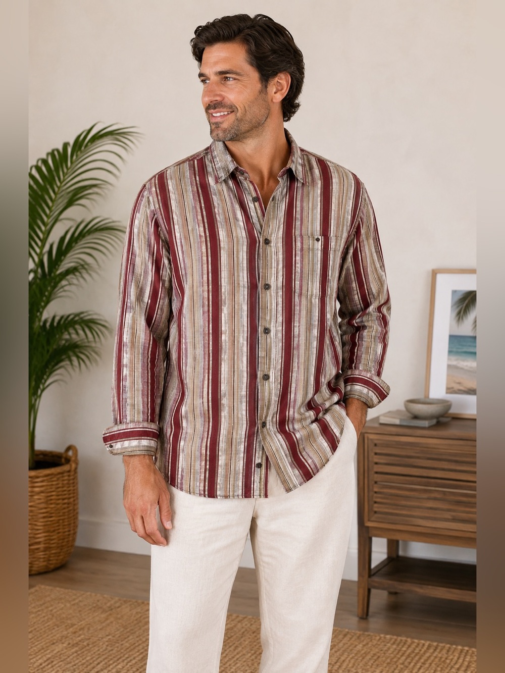 Tommy Bahama Mens Silk Linen Striped Button Down Shirt Burgundy Tan XL